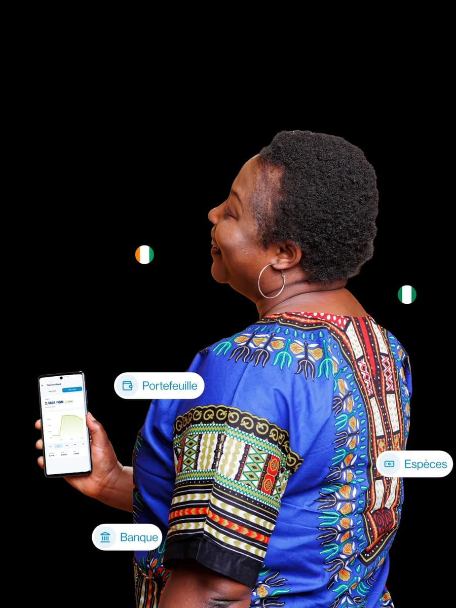Schéma du corridor Tranox reliant le Nigéria et la Côte d'Ivoire via des paiements par banque, portefeuille et espèces