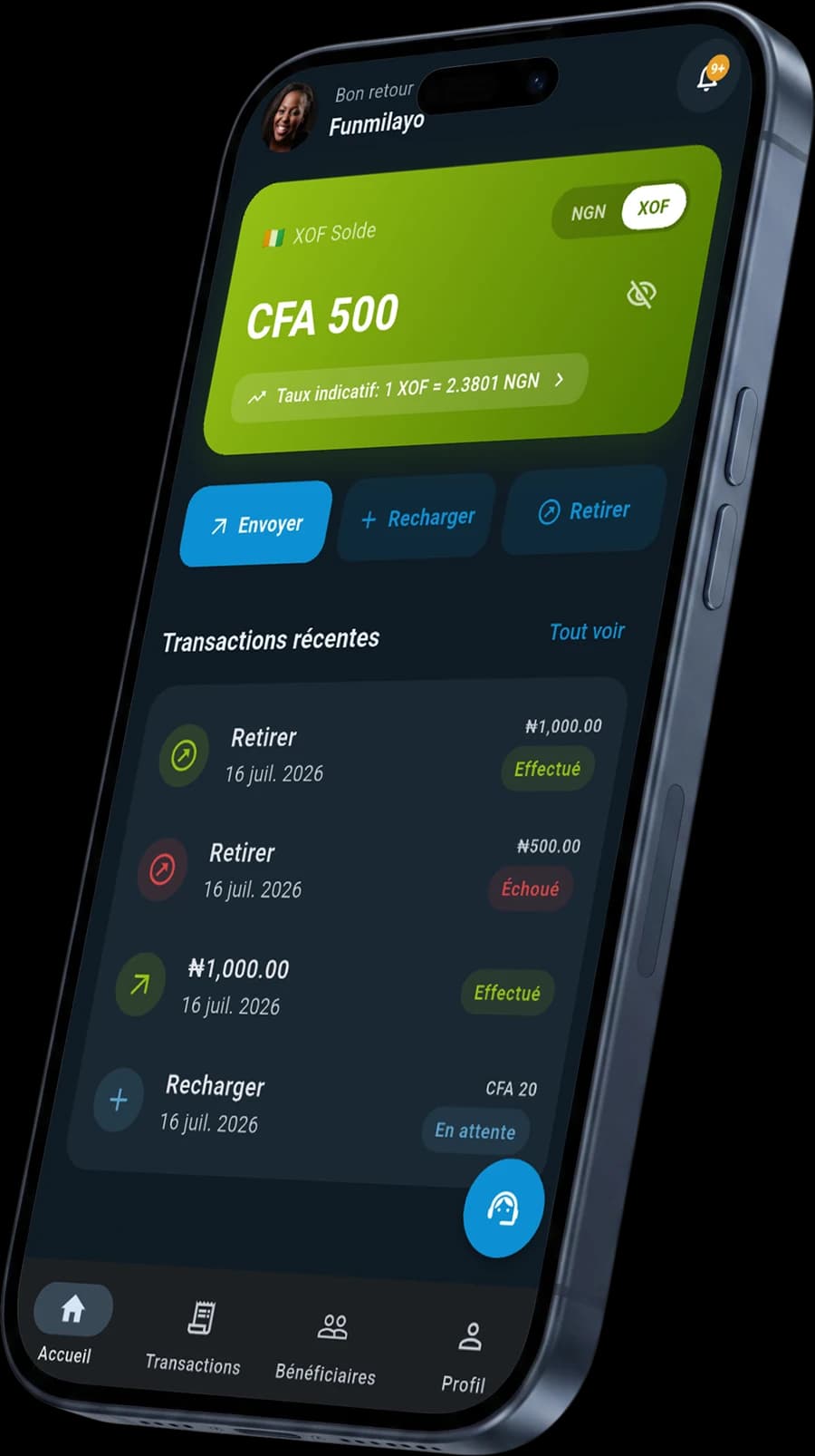 L'application Tranox affichant un envoi en francs CFA (XOF)