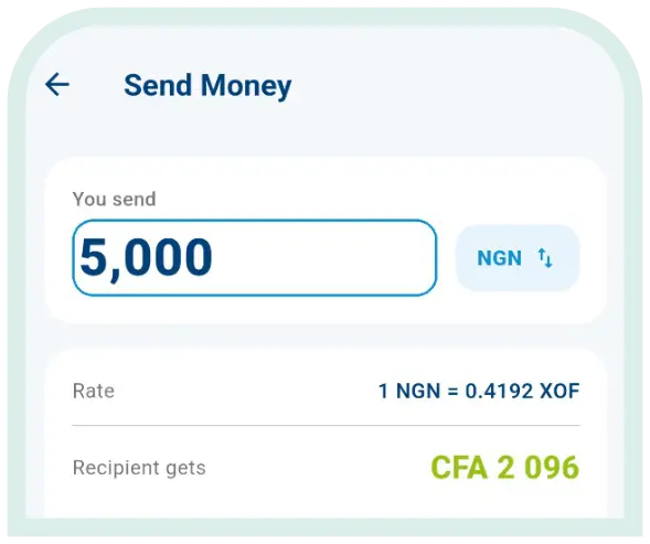 Send money screen showing an NGN to XOF exchange rate and the amount the recipient will get