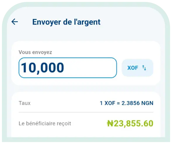 Écran d'envoi d'argent montrant un taux de change XOF vers NGN et le montant que le bénéficiaire recevra