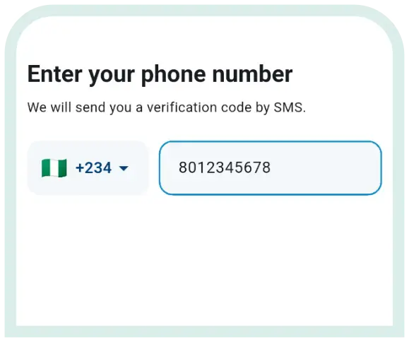 Tranox sign-up screen asking for a phone number to send a verification code