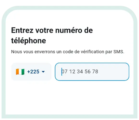 Écran d'inscription Tranox demandant un numéro de téléphone pour envoyer un code de vérification