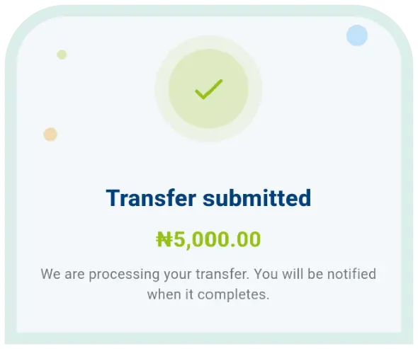 Confirmation screen showing a Tranox transfer has been submitted and is being processed