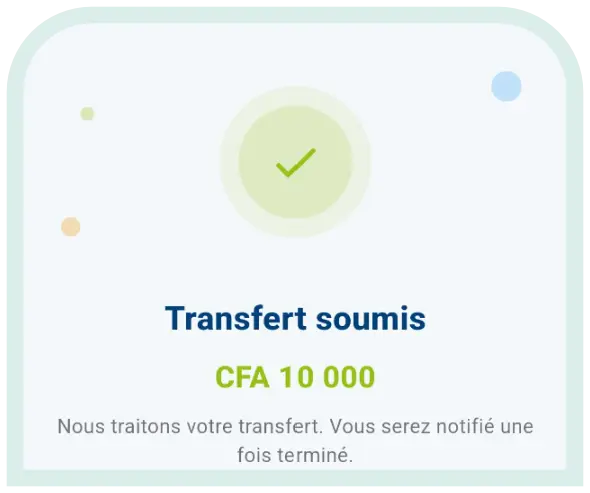 Écran de confirmation montrant qu'un transfert Tranox a été soumis et est en cours de traitement