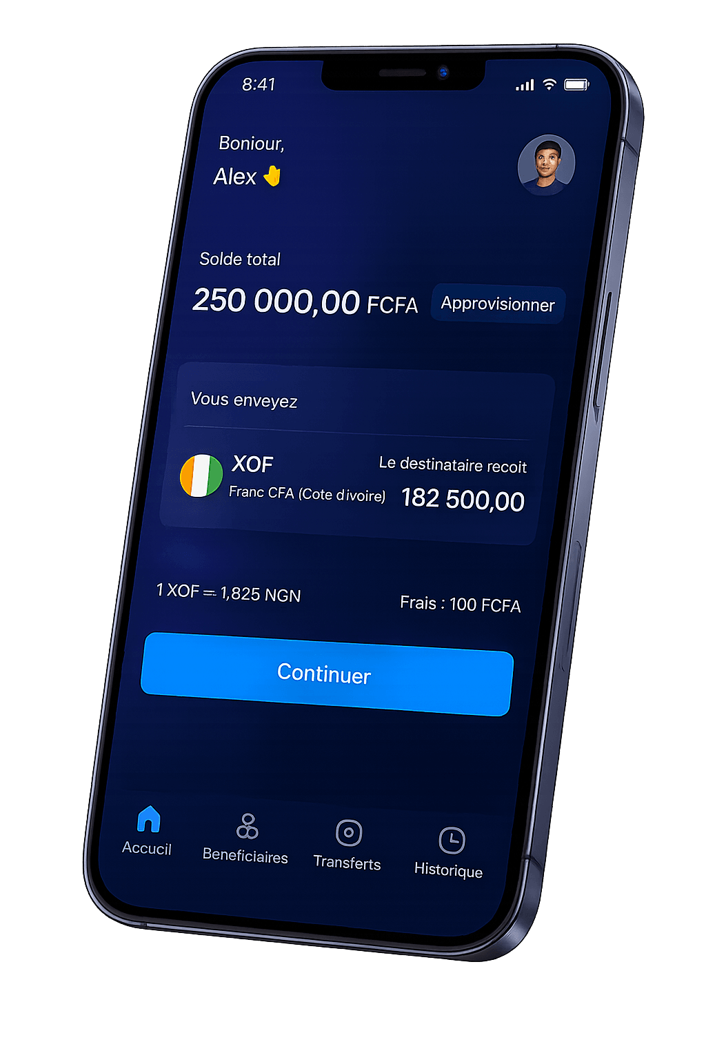 L'application Tranox affichant un envoi en francs CFA (XOF)